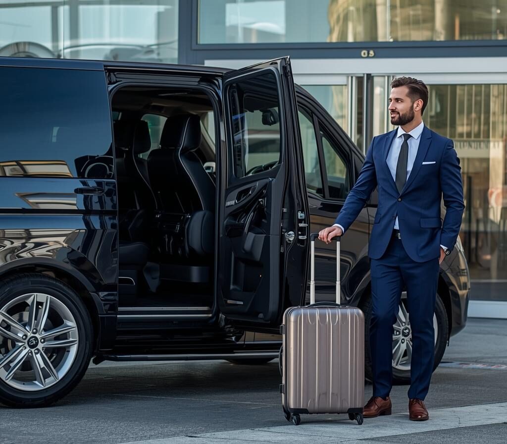 havalimanından bavuluyla çıkan ve onları kapıda bekleyen vito ve vip transfer şoförü çiz