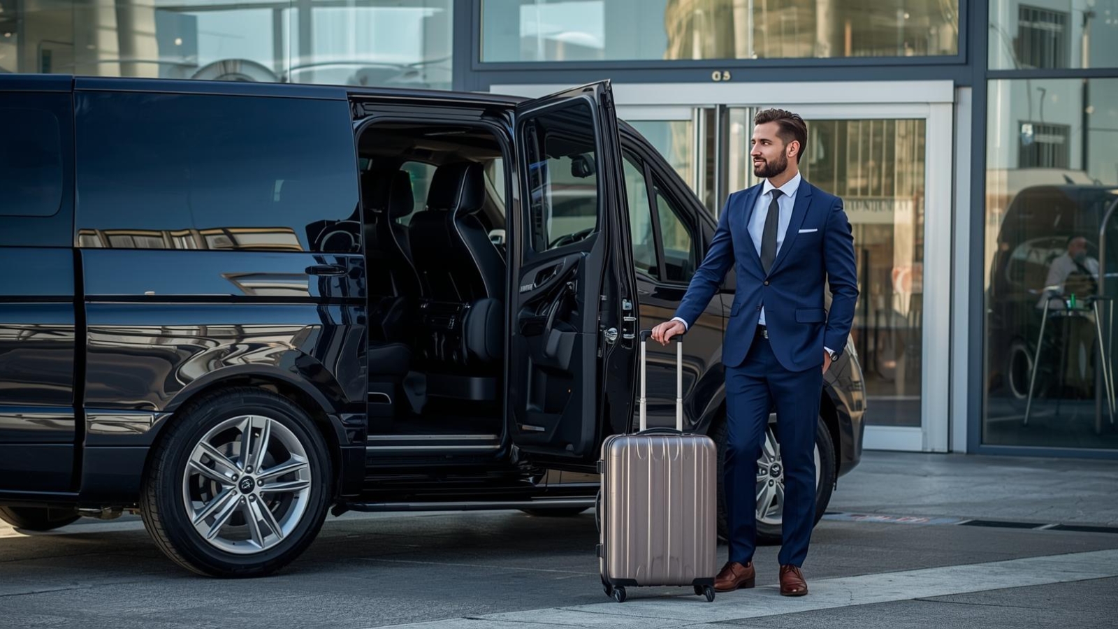 havalimanından bavuluyla çıkan ve onları kapıda bekleyen vito ve vip transfer şoförü çiz