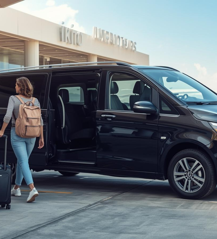havalimanından çıkıp vip transfer mercedes vitoya binen 2 turist çiz